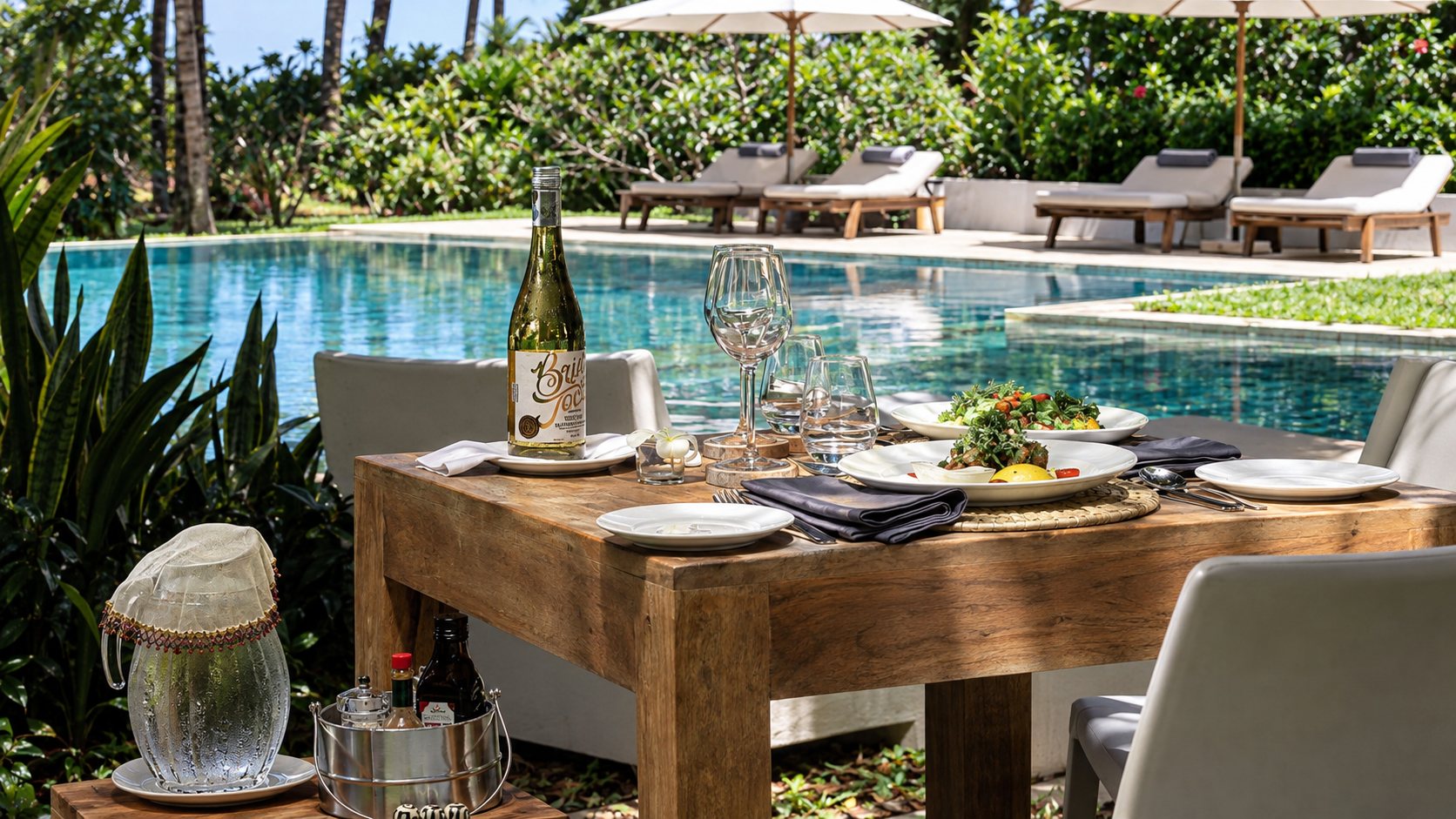 Lunch laid on the poolside terrace at Zuri, Garoda Beach, Watamu — the Indian Ocean beyond the palms